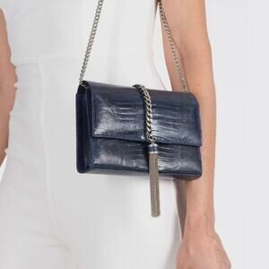 Rare Santesteban Italy Navy Croc Lizard Sterling Silver Convertible Crossbody